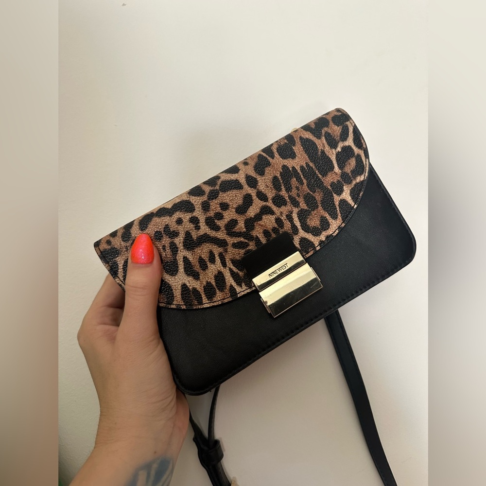 Nine West Brown and Black Crossbody Bag with Leopard Print